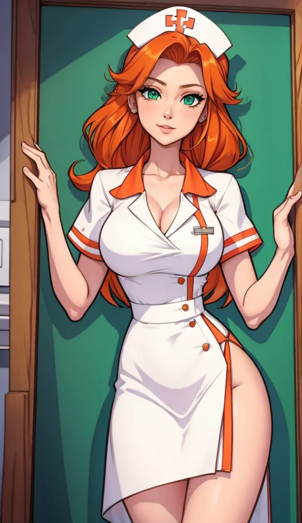 1girl, secretary, Best quality, masterpiece, cowboy shot, orange hair, green eyes, tight cloth, nurse clothes, hospital