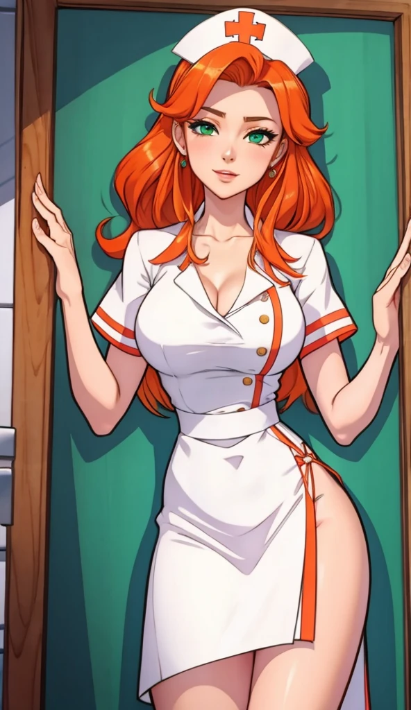 1girl, secretary, Best quality, masterpiece, cowboy shot, orange hair, green eyes, tight cloth, nurse clothes, hospital