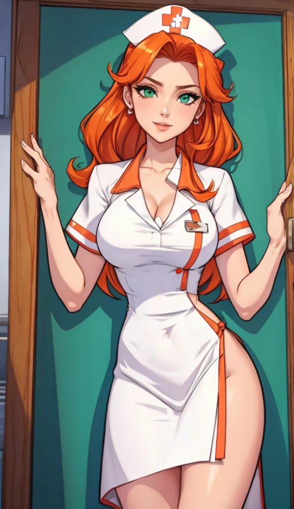 1girl, secretary, Best quality, masterpiece, cowboy shot, orange hair, green eyes, tight cloth, nurse clothes, hospital