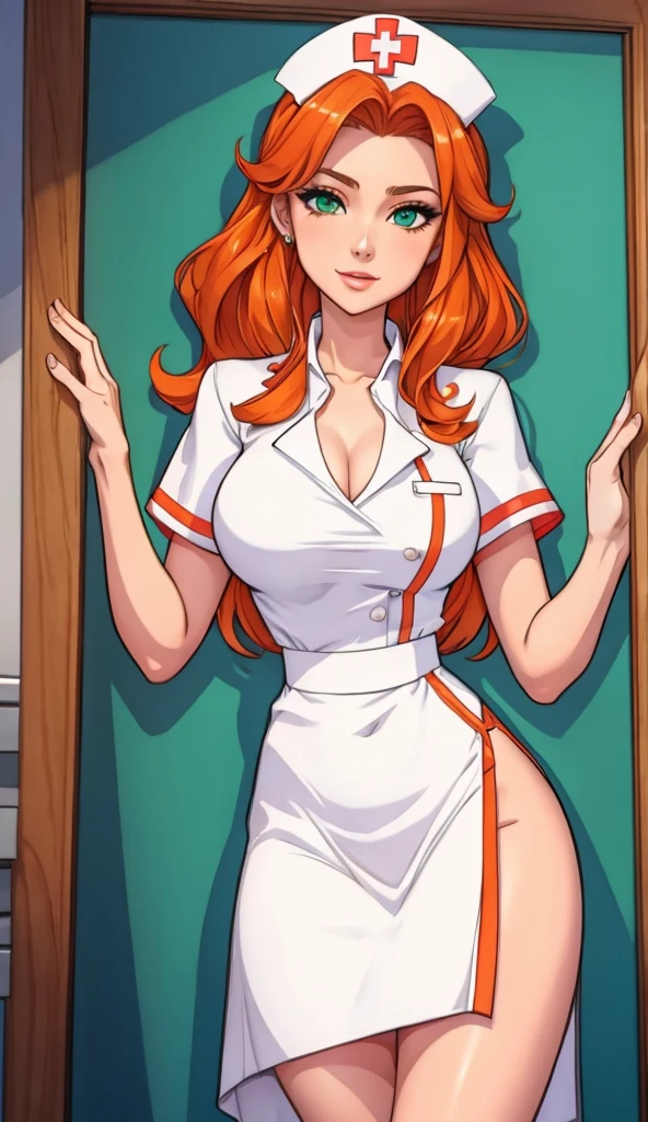 1girl, secretary, Best quality, masterpiece, cowboy shot, orange hair, green eyes, tight cloth, nurse clothes, hospital