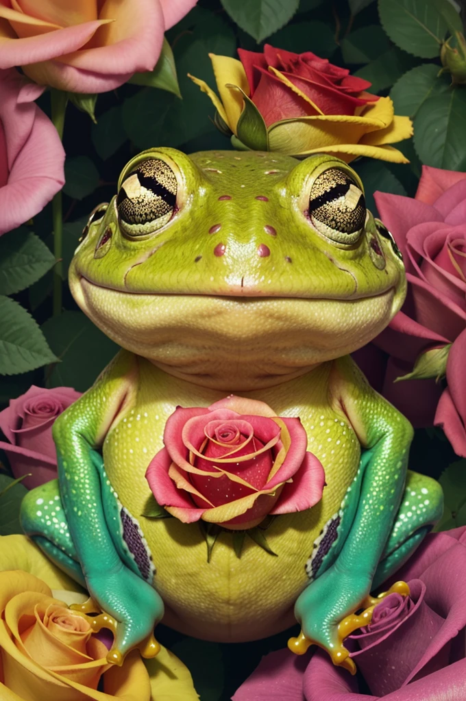 Prompt: Whimsical Frog with Floral Themes
Create two digital illustrations of cute, round frogs with large, expressive eyes. Each frog should be integrated with specific flowers:
Rose Frog:
Frog with colorful speckles (greens, yellows)
Wears a rose petal hat and holds a rose