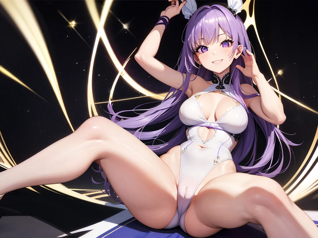 最high quality, high quality, pretty girl, alone, beautiful purple hair, Beautiful purple eyes, smile,White leotard、Spreading her legs