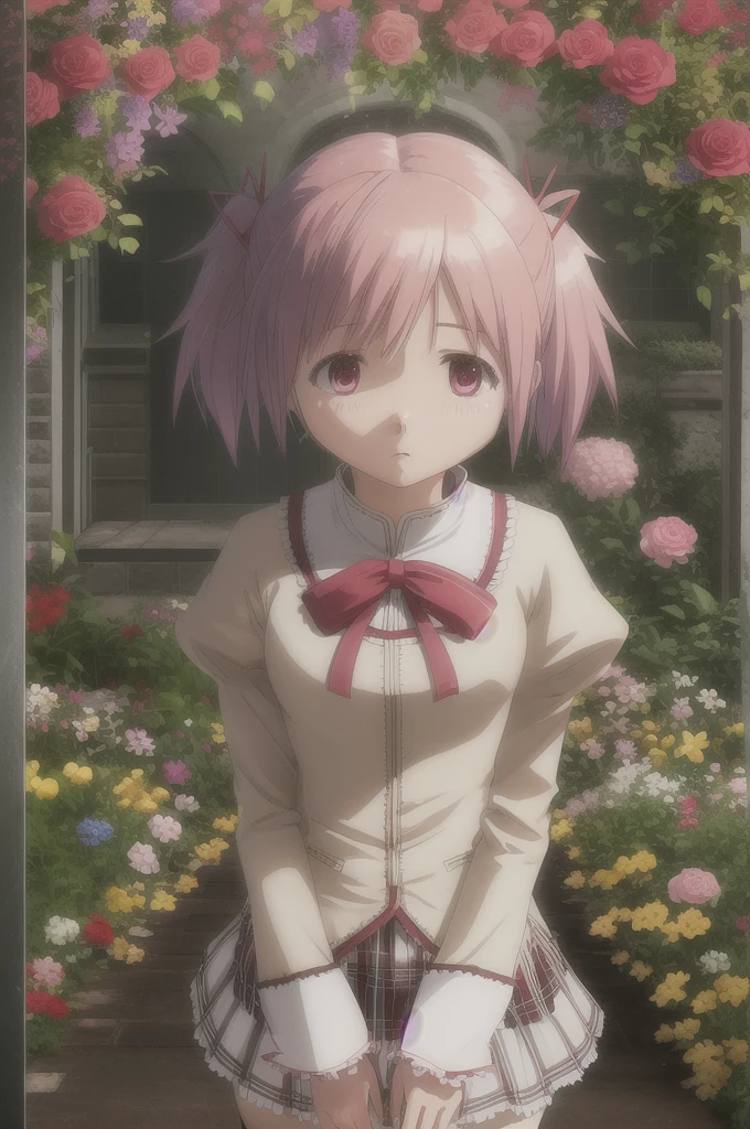 Gray background, ((masterpiece)), ((Highest quality)), (Perfect composition), (Perfect Anatomy), Perfect lighting, High resolution, Very detailed, Dynamic Angle, Absurd, One girl, alone, Cowboy Shot, Portraiture, short hair, Pink Hair, Short Twin Tails, hair red ribbon, Flowers, Side Lock, bangs, Pink Eyes, Mitakihara , Puffy sleeves, Red Bow, Pleated skirt, Checked skirt, (zettai ryouiki), ,String panties,Panties in full view,White knee socks, loafers, Depth of written boundary, (Floral Background), Flowers garden,Looking at the audience, Fantasy, Fascinating無表情, (Detailed face description), (Detailed eye description), Fascinating, Outdoor, nature, Advanced CG, Octane Rendering, Large file size, Colorful contrast.
