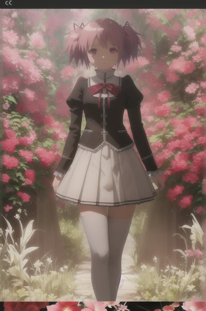 Gray background, ((masterpiece)), ((Highest quality)), (Perfect composition), (Perfect Anatomy), Perfect lighting, High resolution, Very detailed, Dynamic Angle, Absurd, One girl, alone, Cowboy Shot, Portraiture, short hair, Pink Hair, Short Twin Tails, hair red ribbon, Flowers, Side Lock, bangs, Pink Eyes, Mitakihara , Puffy sleeves, Red Bow, Pleated skirt, Checked skirt, (zettai ryouiki), ,String panties,Panties in full view,White knee socks, loafers, Depth of written boundary, (Floral Background), Flowers garden,Looking at the audience, Fantasy, Fascinating無表情, (Detailed face description), (Detailed eye description), Fascinating, Outdoor, nature, Advanced CG, Octane Rendering, Large file size, Colorful contrast.
