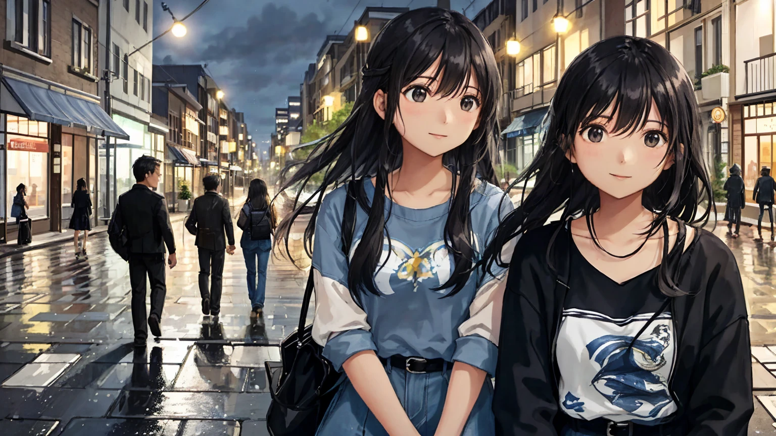 A July night in the city, with a cool breeze blowing through the buildings. After the rain, the sky is clear, and stars twinkle through the gaps in the clouds. A man and a woman, with the woman's long black hair flowing in the wind, enjoying a moment of twilight in the summer night. The couple is captured in a shot as they turn to head deeper into the city, both dressed in casual urban summer clothing, adding to the relaxed atmosphere of the urban landscape.