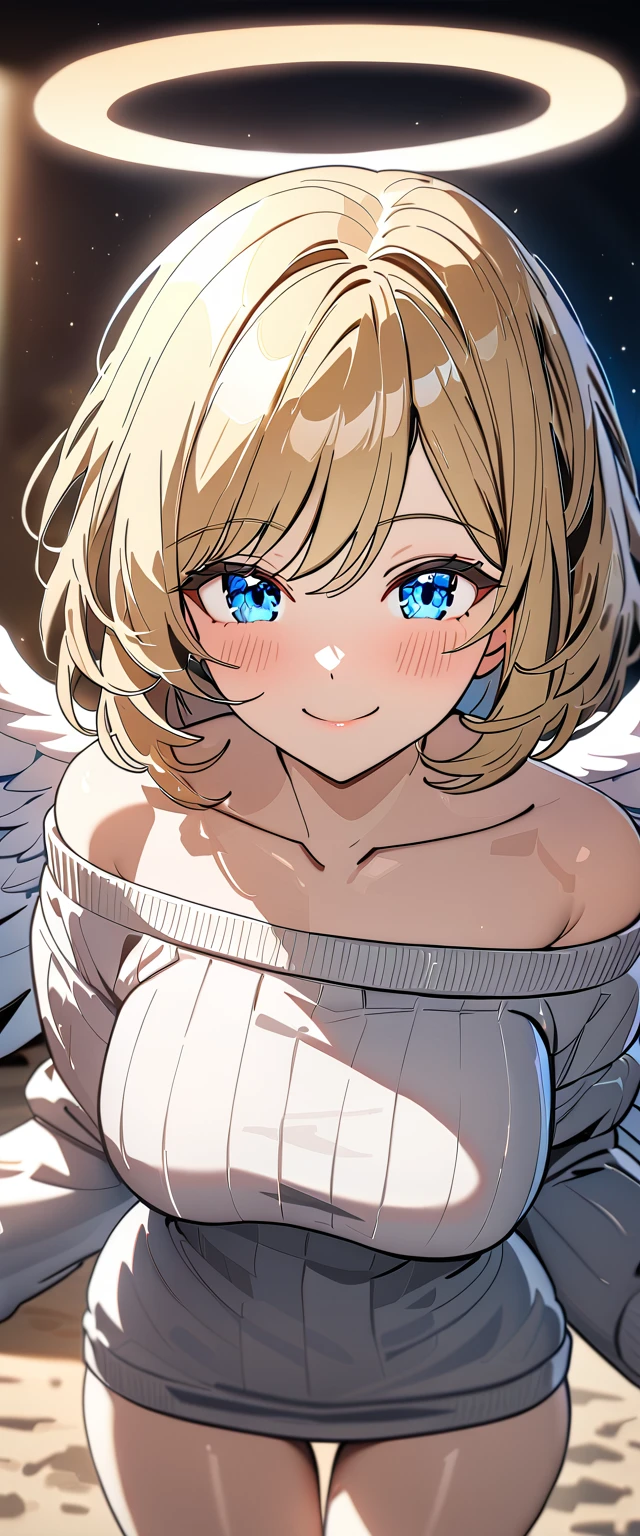 ((flying in the sky)), ((angel, big big white wings:1.3, halo:1.3)), ((sunset)), (((sea, beach))), (((cowboy shot))), archangel Uriel, ((wavy hair, outward curled hair)), evening, ((blond hair, bob cut:1.3)), breasts, teenager, (looking at viewer), oversized clothes, puffy long sleeves, collarbone, ((off-shoulder sweater:1.3, Quite thick shoulder straps)), ((white sweater)), collarbone, head tilt:1.3, (((blue eyes))), ((happy smile)), (((anime style))), (best quality, 4K, 8K, highres, masterpiece:1.2, ultra-detailed, ultra-detailed eyes, HDR, uhd, studio lighting, ultra-fine painting, sharp focus, physically-based rendering, extreme detail description, professional, vivid colors, bokeh)