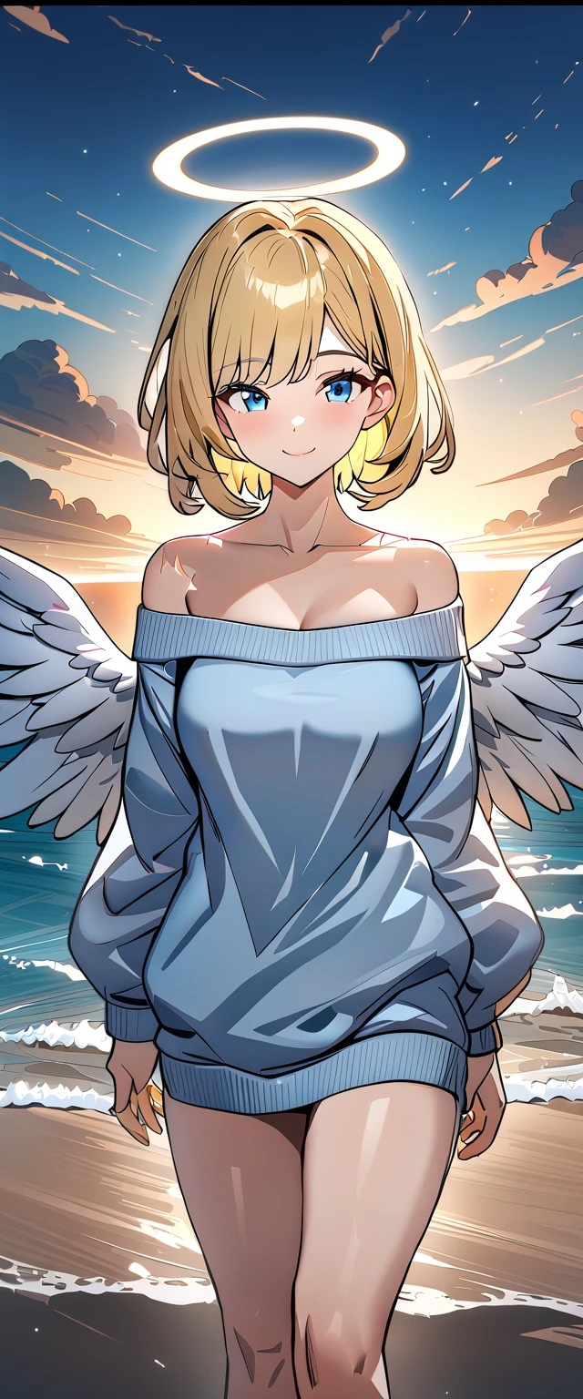 ((angel, big big gold wings:1.3, halo:1.3)), ((sea, beach)), (((spread arms))), (((cowboy shot))), ((flying)), archangel Uriel, ((wavy hair, outward curled hair)), evening, Sunset, ((blond hair, bob cut:1.3)), breasts, teenager, (looking at viewer), oversized clothes, puffy long sleeves, collarbone, ((off-shoulder sweater:1.3, Quite thick shoulder straps)), ((white sweater)), collarbone, head tilt:1.3, (((blue eyes))), ((happy smile)), (((anime style))), (best quality, 4K, 8K, highres, masterpiece:1.2, ultra-detailed, ultra-detailed eyes, HDR, uhd, studio lighting, ultra-fine painting, sharp focus, physically-based rendering, extreme detail description, professional, vivid colors, bokeh)