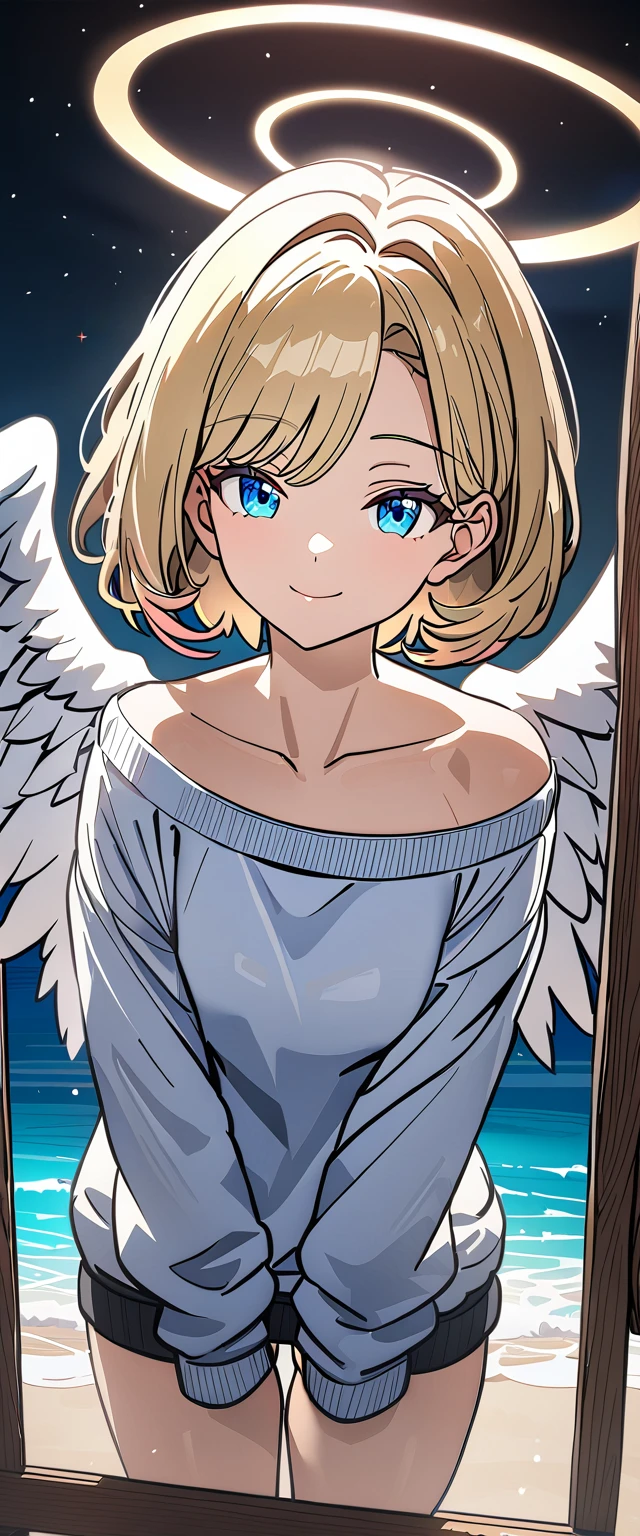 ((flying in the sky)), ((angel, big big white wings:1.3, halo:1.3)), ((sunset)), (((sea, beach))), (((cowboy shot))), archangel Uriel, ((wavy hair, outward curled hair)), evening, ((blond hair, bob cut:1.3)), breasts, teenager, (looking at viewer), oversized clothes, puffy long sleeves, collarbone, ((off-shoulder sweater:1.3, Quite thick shoulder straps)), ((white sweater)), collarbone, head tilt:1.3, (((blue eyes))), ((happy smile)), (((anime style))), (best quality, 4K, 8K, highres, masterpiece:1.2, ultra-detailed, ultra-detailed eyes, HDR, uhd, studio lighting, ultra-fine painting, sharp focus, physically-based rendering, extreme detail description, professional, vivid colors, bokeh)