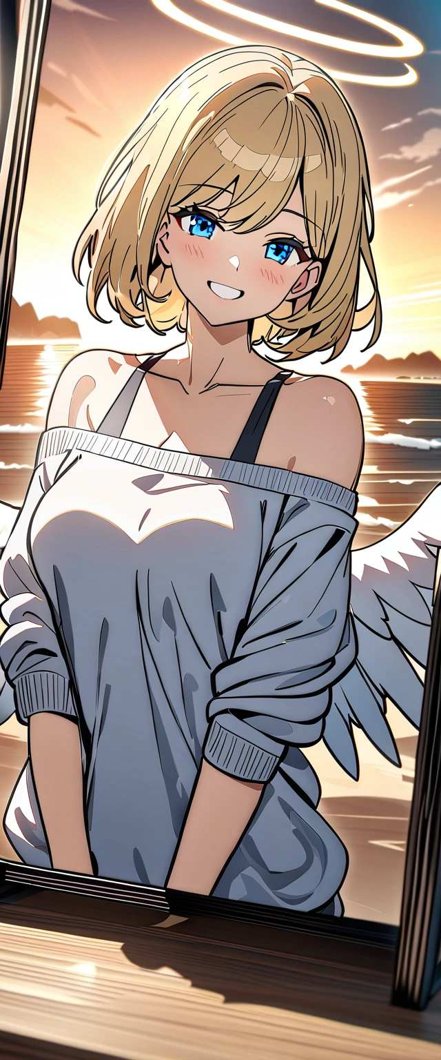 ((flying in the sky)), ((angel, big big white wings:1.3, halo:1.3)), ((sunset)), (((sea, beach))), (((cowboy shot))), archangel Uriel, ((wavy hair, outward curled hair)), evening, ((blond hair, bob cut:1.3)), breasts, ager, (looking at viewer), oversized clothes, puffy long sleeves, collarbone, ((off-shoulder sweater:1.3, Quite thick shoulder straps)), ((white sweater)), collarbone, head tilt:1.3, (((blue eyes))), ((happy smile)), (((anime style))), (best quality, 4K, 8K, highres, masterpiece:1.2, ultra-detailed, ultra-detailed eyes, HDR, uhd, studio lighting, ultra-fine painting, sharp focus, physically-based rendering, extreme detail description, professional, vivid colors, bokeh)