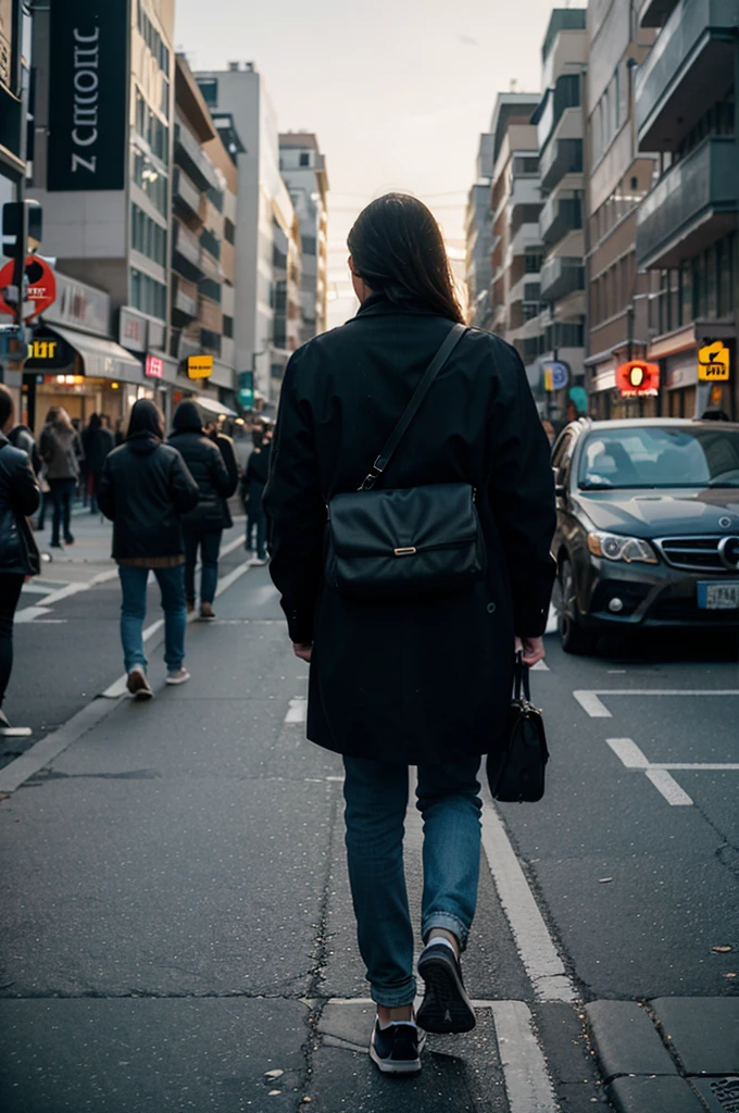 Image of a person walking unmotivated on a street busy with people and cars with the background blurred with sadness .