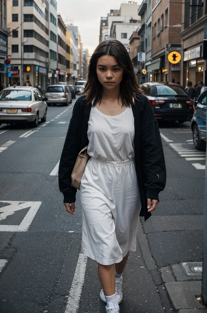 Image of a person walking unmotivated on a street busy with people and cars with the background blurred with sadness .