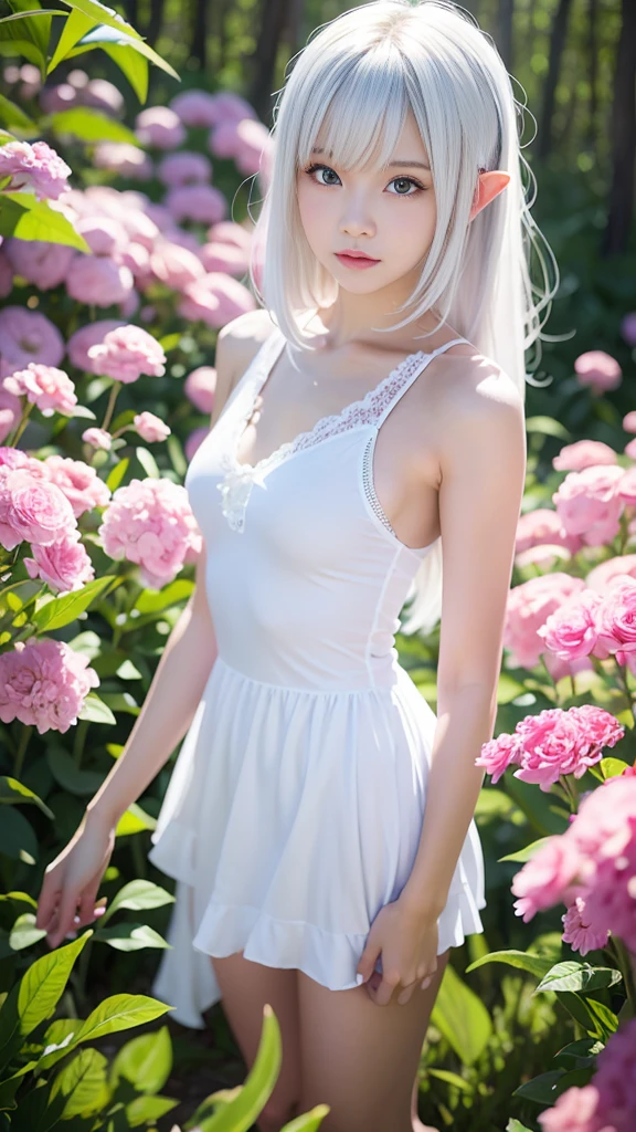 Some women have long white hair, A simple white dress worn by an elf, Real life anime girls, Perfect white hair girl, Anime Girl Cosplay, Photorealistic Animation, a Surreal , Realistic anime 3D style, Realistic young anime girl, Ultra realistic anime, White Hair Girl, Photorealistic Animation girl render, Beautiful anime school girl, Surreal , Blooming Flowers々A fantastic and beautiful forest background created by