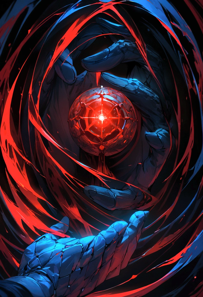 half of the image red and the other half blue, in the middle of the image a hand that symbolizes control, image with aggressive lights