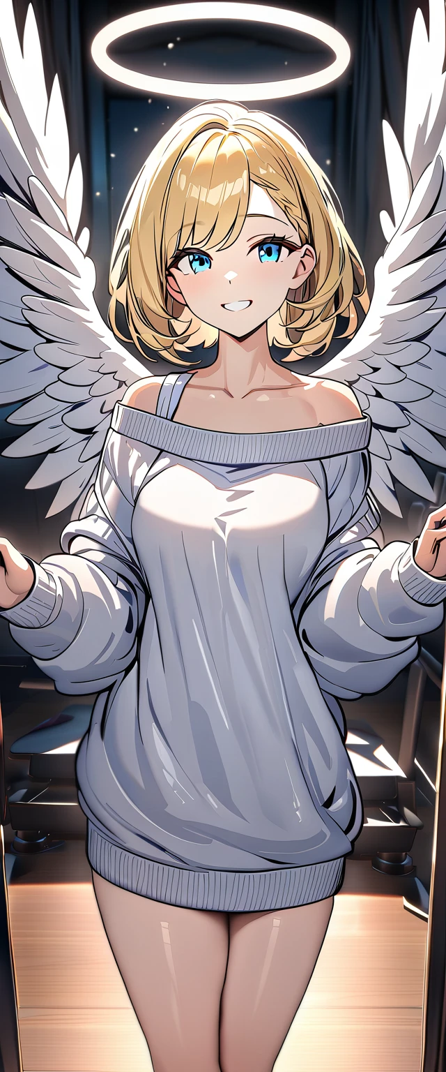 ((angel, big big white wings:1.3, halo:1.3)), sea, beach, (((spread arms))), (((cowboy shot))), ((flying)), archangel Uriel, ((wavy hair, outward curled hair)), evening, Sunset, ((blond hair, bob cut:1.3)), breasts, teenager, (looking at viewer), oversized clothes, puffy long sleeves, collarbone, ((off-shoulder sweater:1.3, Quite thick shoulder straps)), ((white sweater)), collarbone, head tilt:1.3, (((blue eyes))), ((happy smile)), (((anime style))), (best quality, 4K, 8K, highres, masterpiece:1.2, ultra-detailed, ultra-detailed eyes, HDR, uhd, studio lighting, ultra-fine painting, sharp focus, physically-based rendering, extreme detail description, professional, vivid colors, bokeh)