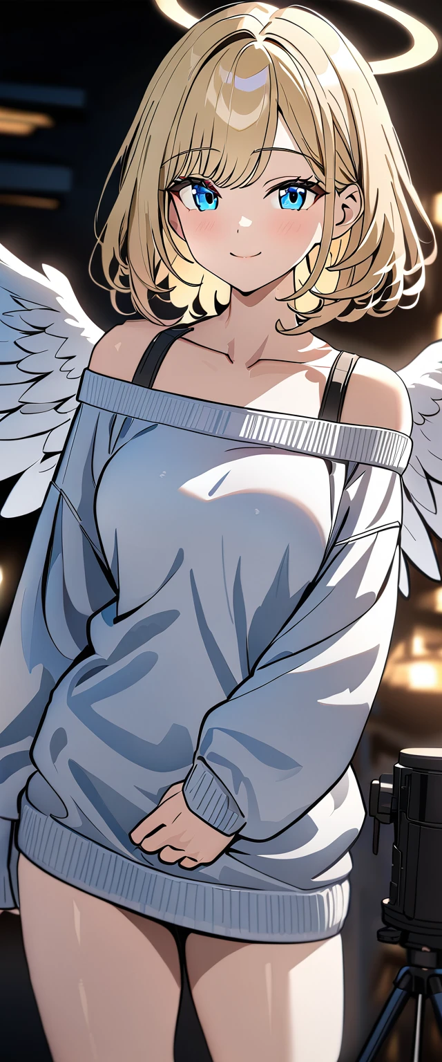 ((flying in the sky)), ((angel, big big white wings:1.3, halo:1.3)), ((sky)), ((())), (((cowboy shot))), archangel Uriel, ((wavy hair, outward curled hair)), evening, Sunset, ((blond hair, bob cut:1.3)), breasts, ager, (looking at viewer), oversized clothes, puffy long sleeves, collarbone, ((off-shoulder sweater:1.3, Quite thick shoulder straps)), ((white sweater)), collarbone, head tilt:1.3, (((blue eyes))), ((happy smile)), (((anime style))), (best quality, 4K, 8K, highres, masterpiece:1.2, ultra-detailed, ultra-detailed eyes, HDR, uhd, studio lighting, ultra-fine painting, sharp focus, physically-based rendering, extreme detail description, professional, vivid colors, bokeh)
