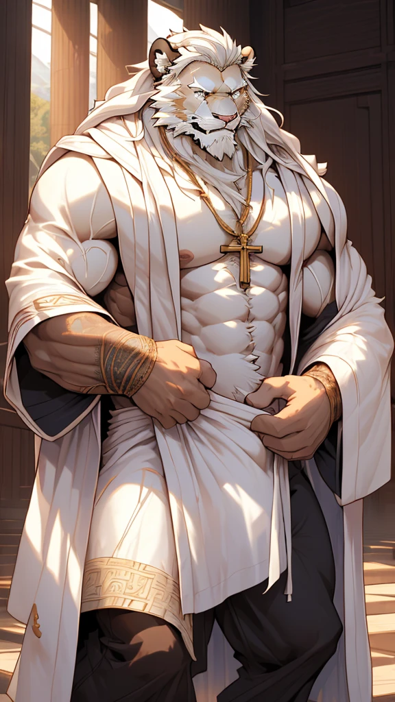 (masterpiece),(highres),(intricate details:1.4),extremely detailed,(illustration:1.2),8k,photorealistic,exquisite,,aged,elder male lion ,muscular,(bishop :1.7),(Ancient Greek mythological style;1.8),(loose white robe:1.6),manhood,safeguard,(white hair:1.3),long hair,long white beard,scar,(badly damaged),(sacrifice),hurt,broken body ,(bulging crotch:1.8),(homosexual),(naked upper body:1.7)