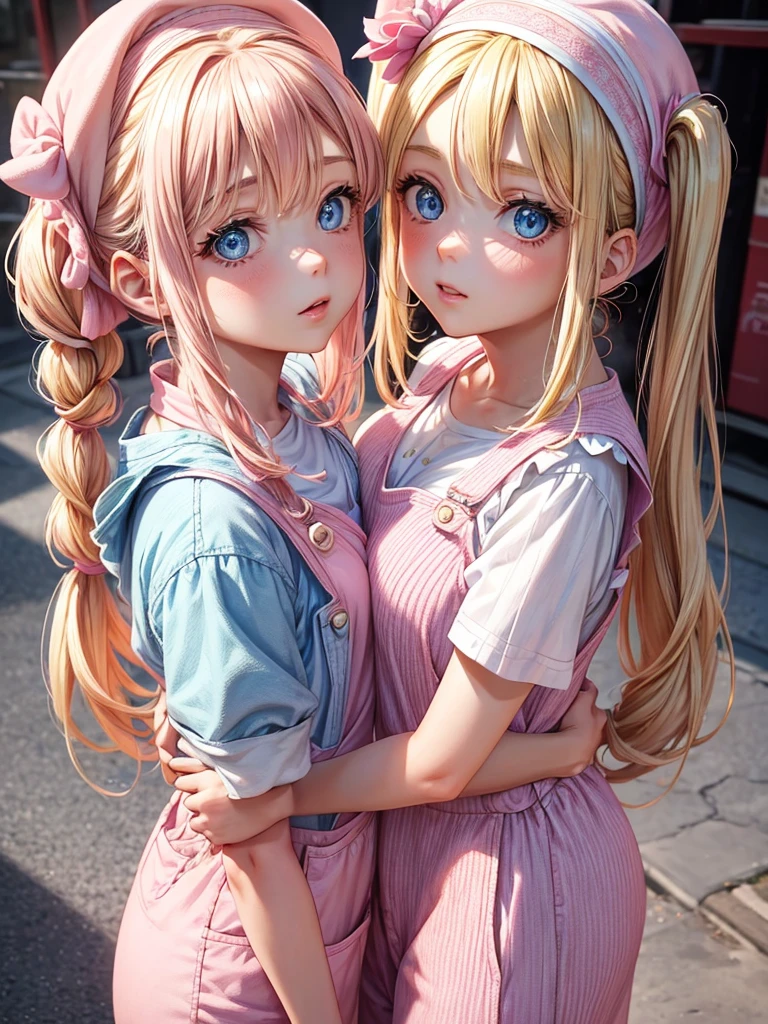 an adult woman, blue eyes, Blonde, hair in two pigtails, pink vests, pink dress with white overalls, a pink hat on her head, in a calm and sweet environment, photography as for social media profile
