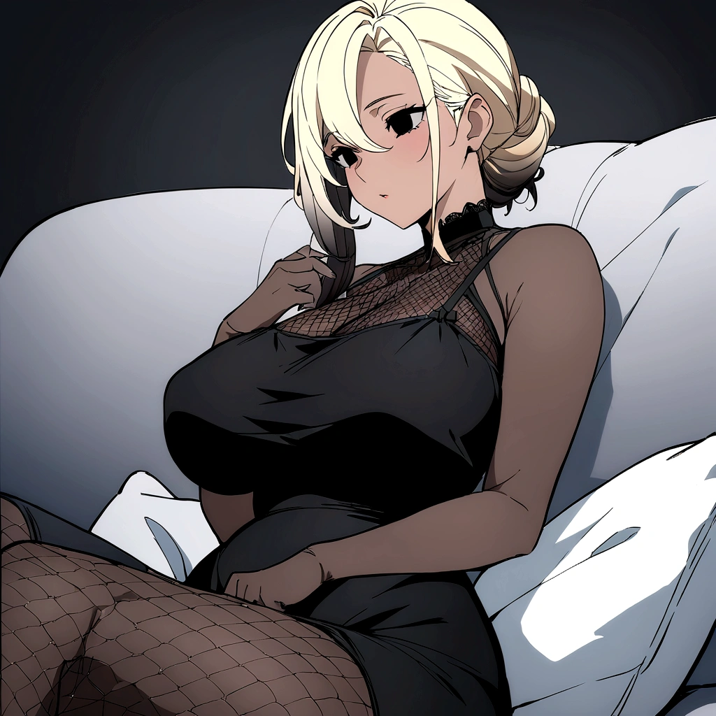 Masterpiece, High quality, High quality of art, best quality, best details, anime lineart, anime style, 1girl, solo, Milf, mommy, big hips, female proportions, big breast, Dark ash hair on a blonde hair base, fragrant hair, black hair, cold gaze, Sitting on the sofa, mesh stockings, black mommy home dress, Gradient hair, black hair roots, white hair tips, black hollow eyes