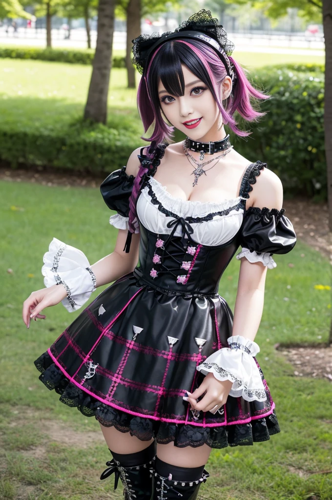 sexy stylish female model, only 1 female, ((doll-like appearance)), long dramatic stylish hair, ((shiny Punk-Style boots)), (smiling face), ultra detailed eyes, Punk makeup, lip-gloss, ((sexy Punk Lolita cosplay)), unconventional skirt, petticoats, high neckline, ((ultra detailed lace)), ((ultra detailed embroidery)), intricate details, tartan patterns, safety pins, Punk Lolita accessoires, Punk Lolita choker, ((large sparkling Punk Lolita jewelry)), cinematic light, detailed large park background with trees