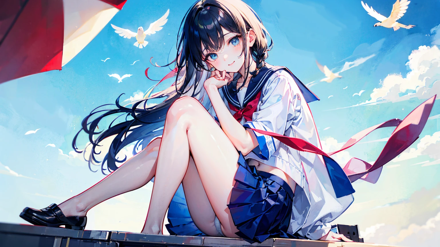 (Film Portrait写真,Film Portrait,Beautiful 2D Wallpaper)(Delicate eyes, Natural skin texture, Facial details)(Soft Professional Lighting,Private Photos,35mm Film, Hazy beauty)(Cute 15 year old horizontal:1.6,clavicle:1.4,Wearing a sailor uniform and a JK skirt that shows her underwear,Refined waist-to-hip ratio:1.6,White long legs:1.block diagram:1.5,smile,Little red lips:1.4,Attach a ribbon:1.4,Nice legs:1.3,French bang:1.4,Twisted Braid:1.6)(Girly Japanese style pink room:1.4,Birds flying in blue sky and white clouds:1.5,machine,Sitting with feet on the ground,The pictures are very beautiful :1.5)
