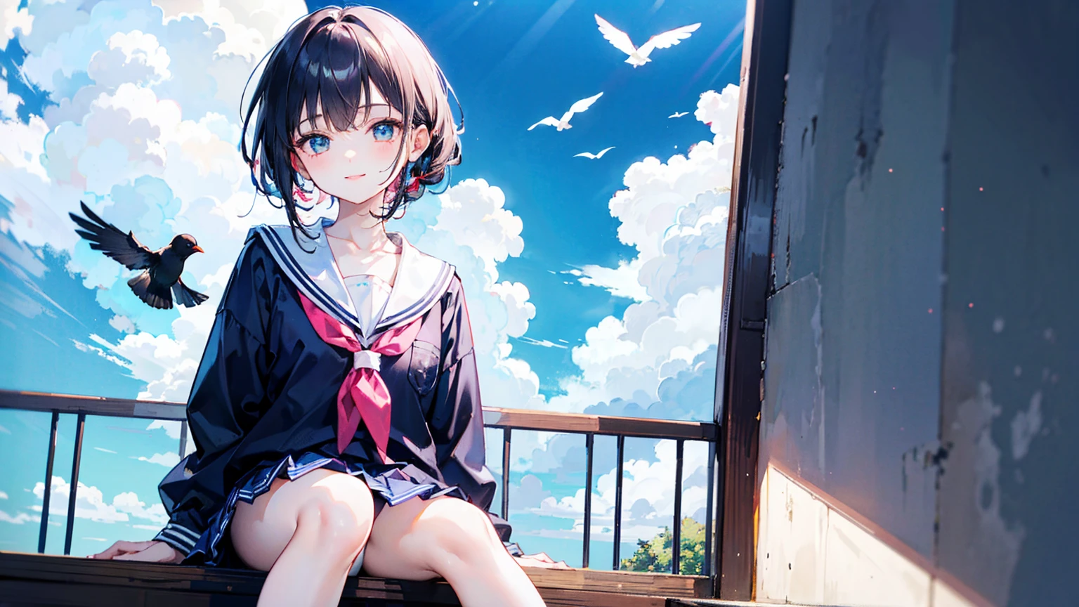 (Film Portrait写真,Film Portrait,Beautiful 2D Wallpaper)(Delicate eyes, Natural skin texture, Facial details)(Soft Professional Lighting,Private Photos,35mm Film, Hazy beauty)(Cute 15 year old horizontal:1.6,clavicle:1.4,Wearing a sailor uniform and a JK skirt that shows her underwear,Refined waist-to-hip ratio:1.6,White long legs:1.block diagram:1.5,smile,Little red lips:1.4,Attach a ribbon:1.4,Nice legs:1.3,French bang:1.4,Twisted Braid:1.6)(Girly Japanese style pink room:1.4,Birds flying in blue sky and white clouds:1.5,machine,Sitting with feet on the ground,The pictures are very beautiful :1.5)