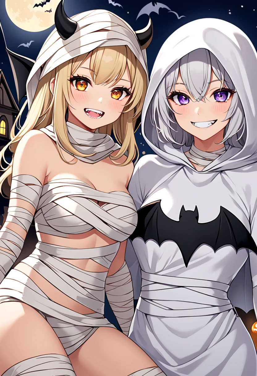 high quality,Two Women,Blonde beauty dressed as a mummy,One eye is covered with a bandage,A beautiful silver-haired devil wearing a hood,Double teeth, Bat Wing, cute, night, Jack O&#39;Lantern