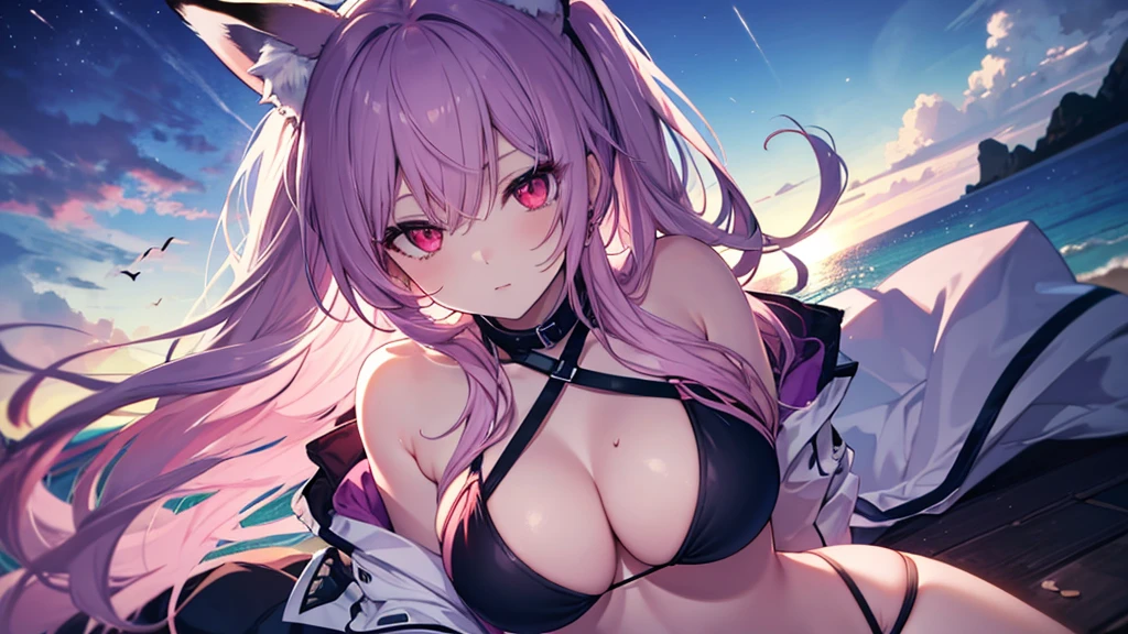 Beautiful foxgirl, large breasts, dark purple hair with pink highlights tips, masterpiece , red eyes, sexy, anime styled, 2D, mature, dynamic angle, long hair, fox tails, best quality, extremely detailed face, sharp details, high contrast, black bikini, beach, night time