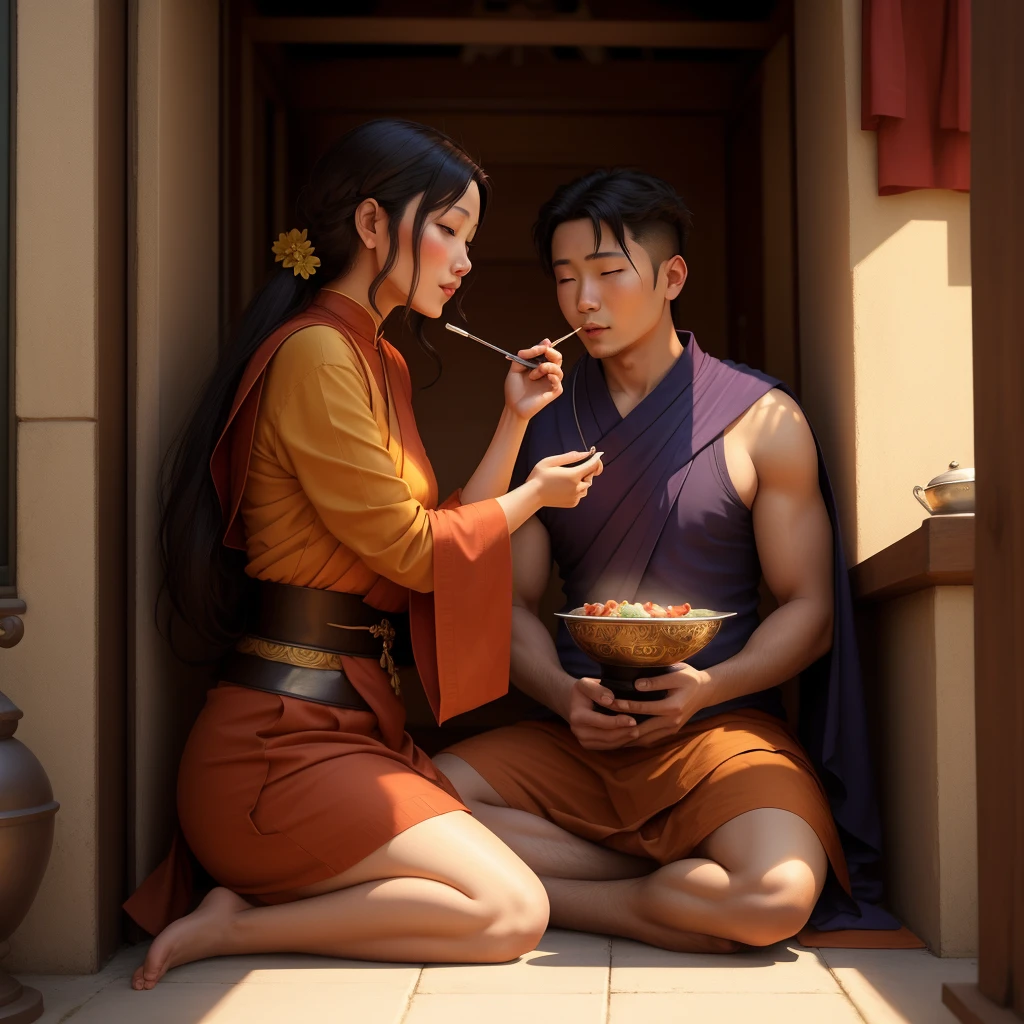 Buddhism徒 monk and woman sitting on the floor with food in front of them, Titi Ruadhone, By John La Gatta, By Alexander Kucharski, Thai art, Beautiful depiction, Buddhism, Buddhism徒, Ross Tran and Michael Whelan, Beautiful digital art, By Jofra Bosschaat, Galen Dala, Harrington Mann, radiant morning light