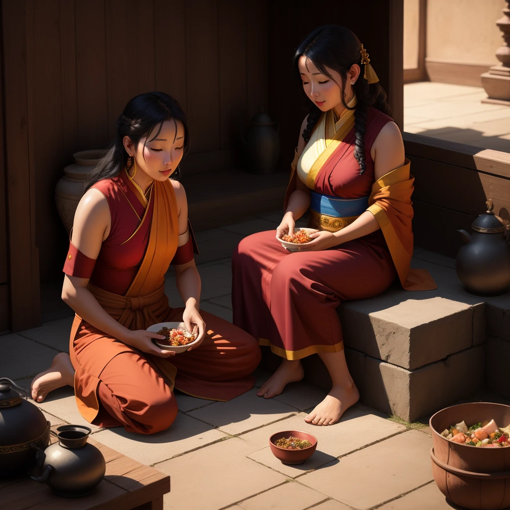 Buddhism徒 monk and woman sitting on the floor with food in front of them, Titi Ruadhone, By John La Gatta, By Alexander Kucharski, Thai art, Beautiful depiction, Buddhism, Buddhism徒, Ross Tran and Michael Whelan, Beautiful digital art, By Jofra Bosschaat, Galen Dala, Harrington Mann, radiant morning light