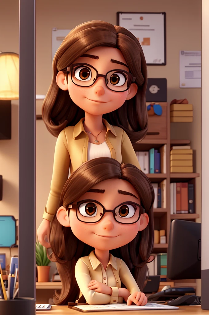 Create a woman, age 28, Front end developer working in the office, dark brown eyes, rectangular glasses, long straight hair, dark brown hair, hair with golden highlights , parted hair, a little thin, not Disney Pixar style