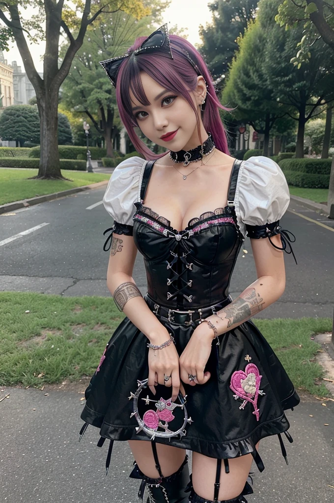 sexy stylish female model, only 1 female, ((doll-like appearance)), long dramatic stylish hair, ((shiny Punk-Style boots)), (smiling face), ultra detailed eyes, Punk makeup, lip-gloss, ((sexy Punk Lolita cosplay)), unconventional skirt, petticoats, high neckline, ((ultra detailed lace)), ((ultra detailed embroidery)), intricate details, tartan patterns, safety pins, Punk Lolita accessoires, Punk Lolita choker, ((large sparkling Punk Lolita jewelry)), cinematic light, detailed large park background with trees