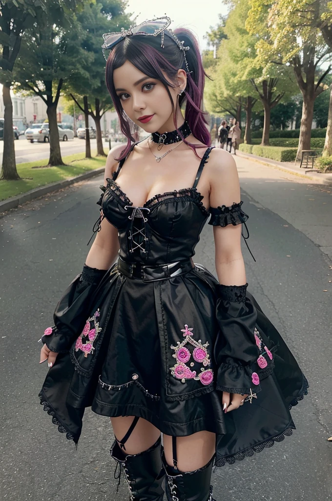 sexy stylish female model, only 1 female, ((doll-like appearance)), long dramatic stylish hair, ((shiny Punk-Style boots)), (smiling face), ultra detailed eyes, Punk makeup, lip-gloss, ((sexy Punk Lolita cosplay)), unconventional skirt, petticoats, high neckline, ((ultra detailed lace)), ((ultra detailed embroidery)), intricate details, tartan patterns, safety pins, Punk Lolita accessoires, Punk Lolita choker, ((large sparkling Punk Lolita jewelry)), cinematic light, detailed large park background with trees