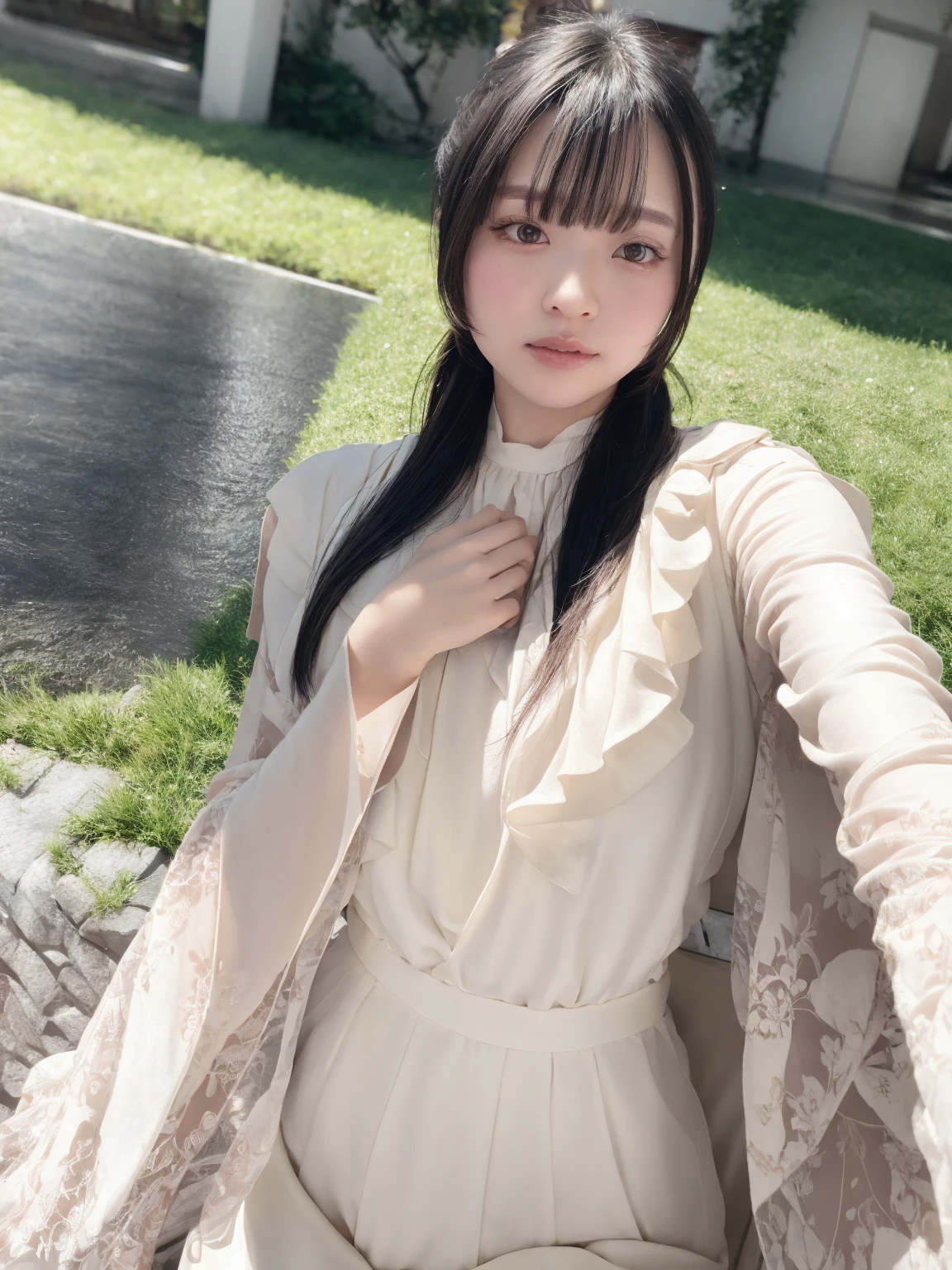there is a woman standing in front of a bush with a bow on her back, album art, black hair ribbons, woman in a dark forest, amidst nature, summer evening, new album cover, romanticism lain, amongst foliage, ribbon in her hair, late evening, in a dark forest, in front of a forest background, sha xi, in a garden