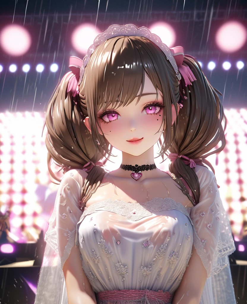 one girl, staring at the audience, beautiful pink eyes, brown hair in short twin tails, mole under eye, plump glossy lips, heart shaped choker, idol, her name is Mei, smiling, . . . 3D, realistic, idol's costume was drenched in heavy rain, her chest was wet and see-through, heavy rain at outdoor concert, draped clothes, jewelry and decorations removed, floral patterns, lace trim, glittering on stage, masterpiece, best quality, 8k, detailed skin texture, detailed fabric texture, beautifully detailed face, intricate details, highly detailed, ultra high resolution, 8k Ultra HD, film grain, best shadows, delicate, staring at the audience, front