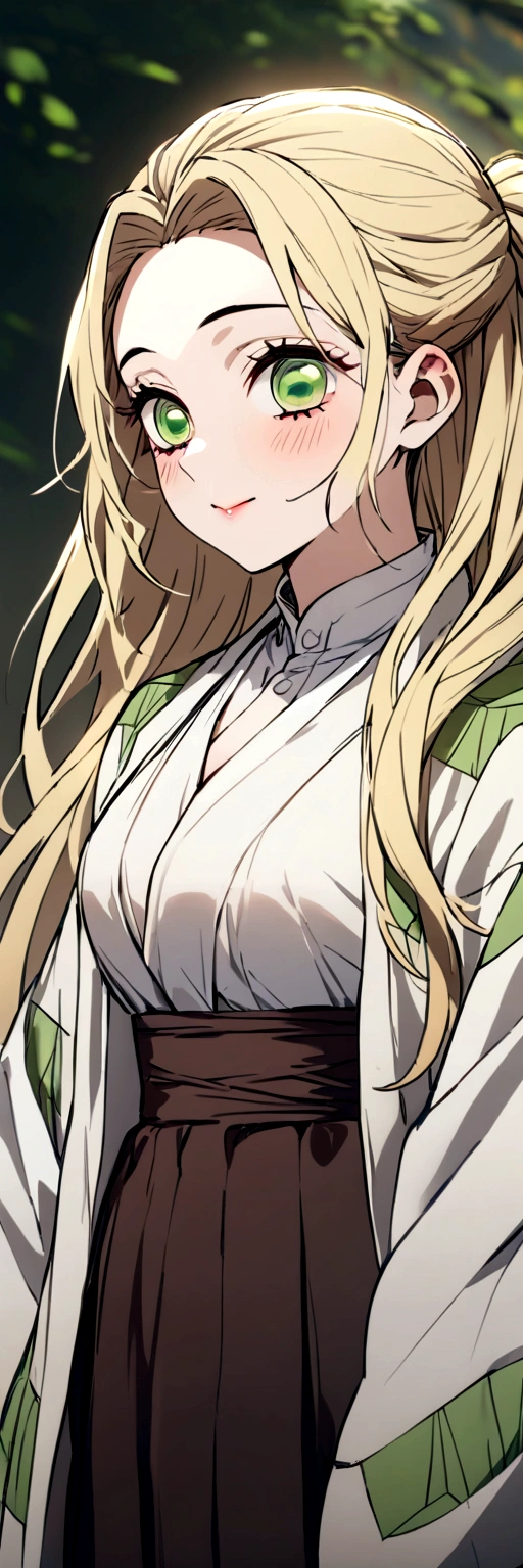 Masterpiece, Best Quality, a girl、light blonde hair、long hair、green eyes、wearing haori、smiley、Kimetsu no Yaiba、cute girl