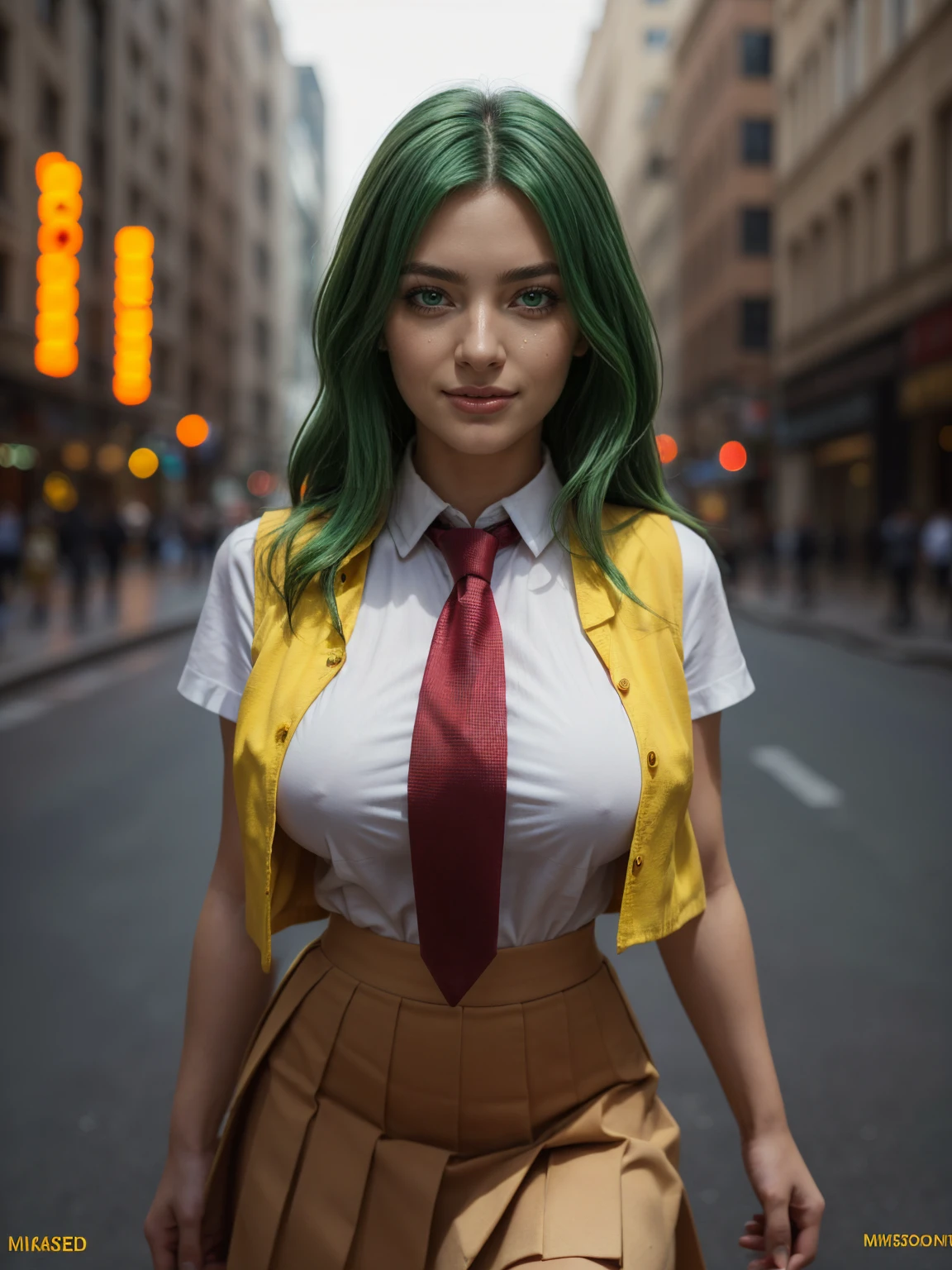 (1 lady), (Best quality at best:1.4), (ultra - detailed), (extremely detailed CG unified 16k), A Beautiful Woman with Perfect Figure: 1.4, Sharp Focus: 1.2, very detailed, High-definition RAW color photo, professional photoshooting, amazing face and eyes, cosmetics, (amazingly beautiful girl), ((Mion Sonozaki)), ((white shirt, red necktie, yellow vest, red skirt)), standing, sexyposture,(Dark and stylish urban landscape, city lights, city lights:1.3), (look from down), realistic cinematic face, head to feet long wide zoomed out view, full body long view, photorealistic, ((realistic natural green hair style, green eyes, long hair)), gorgeous, extremely beautiful face, perfect model beauty, pout mouth, Highly Detailed Face and Skin Texture, Detailed Eyes, Double Eyelids, Big Breasts, Smile, cleavages, western, (masterpiece), best quality, high resolution, extremely detailed, blurred background, depth of field, cinematic lighting, amazing legs, clear and well-cared skin, (((woman occupies most of the picture)))