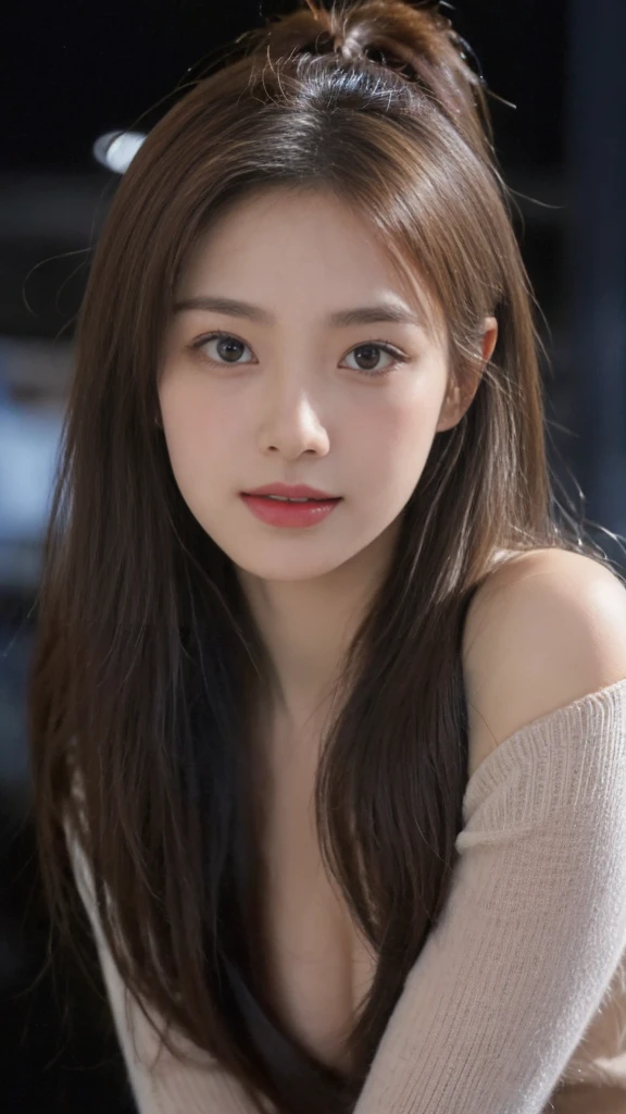 ((Highest quality, 8K, masterpiece, Super detailed, Ultra-high resolution, Realistic, RAW Photos, absurdes, The absolute solution:1.5)), pretty girl, One girl, 8k wallpaper, Perfect dynamic composition, Vivid details, elegant, Cleavage, Mid-chest, Curvy waist, Slim abs, Shiny skin, A captivating smile, smile, Bold sexy pose, Perfect lighting, Detailed lighting, Dramatic Shadows, Ray Tracing, Black sweater, View your viewers, Off the shoulder, Big Breasts, Exposed cleavage, blue eyes, Browsing Caution, ((Dark Background)), Sexy Face, The expression when receiving pleasure, Open the mouse, Sensual look, Highly detailed face, Highly detailed lips, Fine grain, double eyelid, Top Quality, 4K, High Resolution, Masterpiece:1.2, Highly Detailed,(Front:1.9),(Realistic, Realistic, Graphic:1.6), Overflowing Breasts (w/oh good) (small beautiful hard nipples),Big Tits: 2.0,, Drooping Breasts,8K,Low Angle Shot,Crisp,Film Lighting,(Very Detailed),(Written Border Depth:1.5)