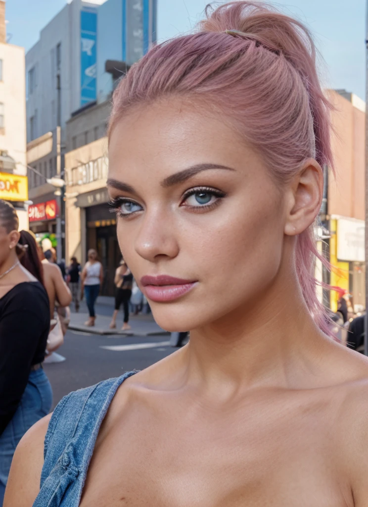 Close-up do rosto de uma supermodelo adulta naked, in a busy, cluttered environment (crowded city street) fund, detailed fund, giorno, clear blue eyes, short burnt pink hair detailed with ponytail, shaved side haircut, freckles, blushful, (burning pouting expression), single raised eyebrow, ombre, black lipstick, pierced eyebrow, , breasts big, fake boobs:1.2),) top cut), looking at side, Angular superheroine sexy face, 