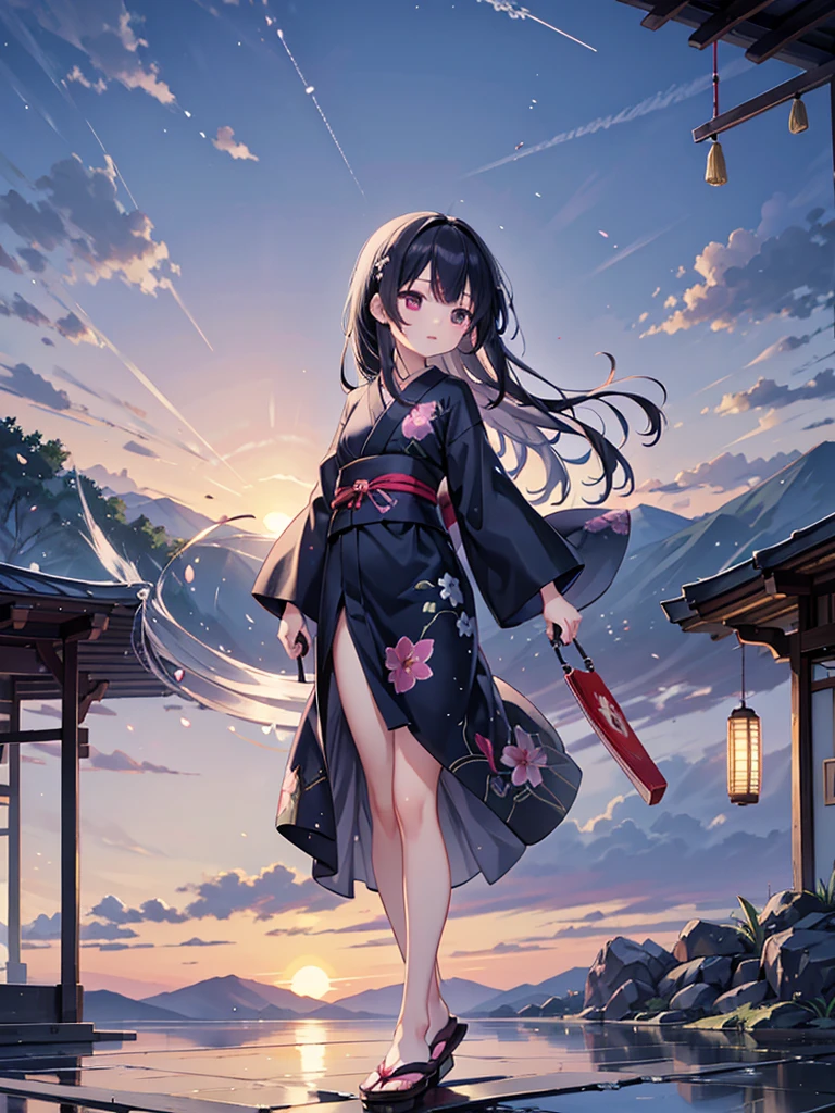 Anime illustration、masterpiece、Highest quality、Summer season after rain background、Long black hair、Wearing a yukata with a morning glory pattern、Wind chimes are hanging down and swaying in the wind