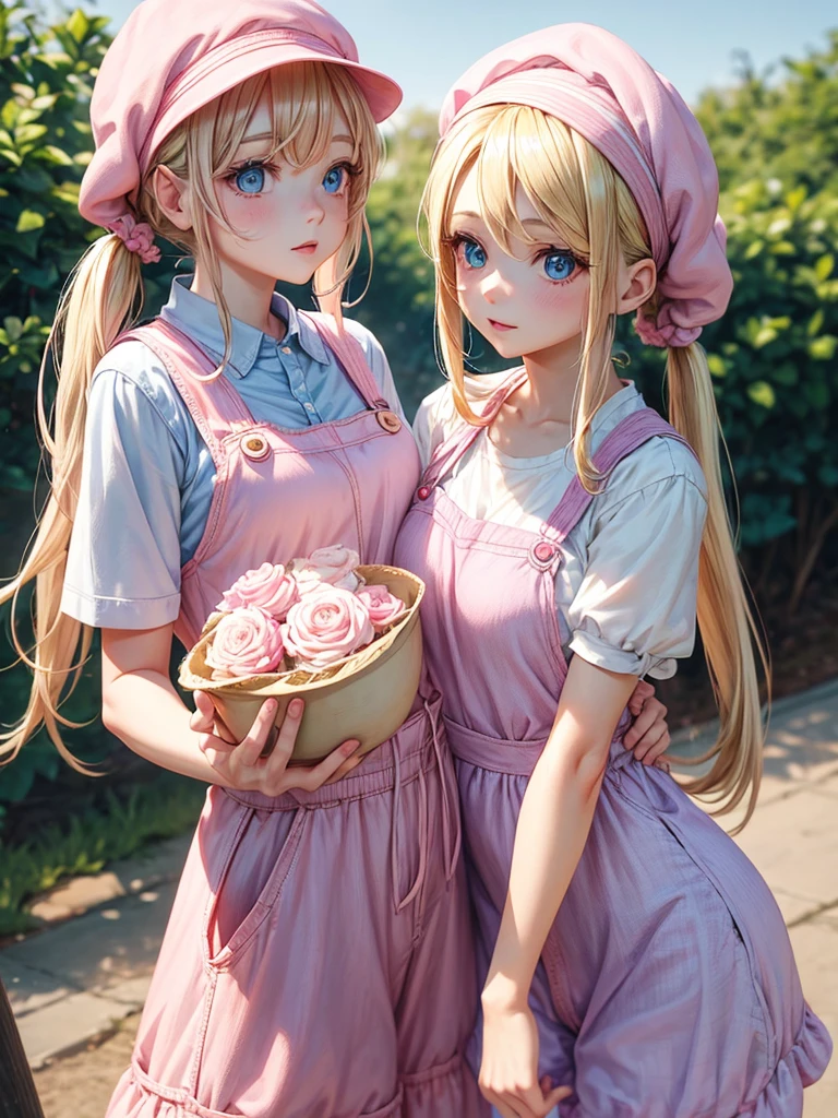 an adult woman, blue eyes, Blonde, hair in two pigtails, pink vests, pink dress with white overalls, a pink hat on her head, in a calm and sweet environment, photography as for social media profile 