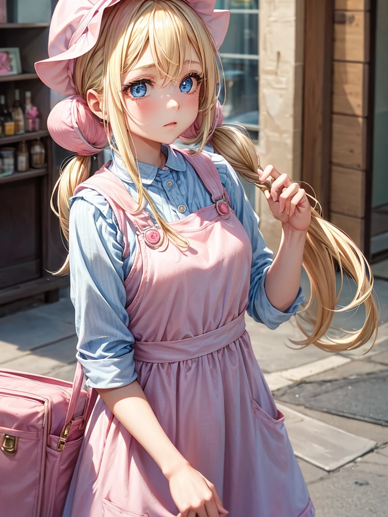 an adult woman, blue eyes, Blonde, hair in two pigtails, pink vests, pink dress with white overalls, a pink hat on her head, in a calm and sweet environment, photography as for social media profile