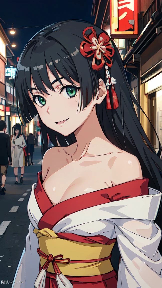 (High resolution:1.4), (masutepiece:1.2), (High quality:1.3) 1girl, saten ruiko, green eyes, long hair, black hair, small breast, Oiran fashion, The city of Kyoto, cinematic lighting, pov, dynamic angle, off shoulder, smile,