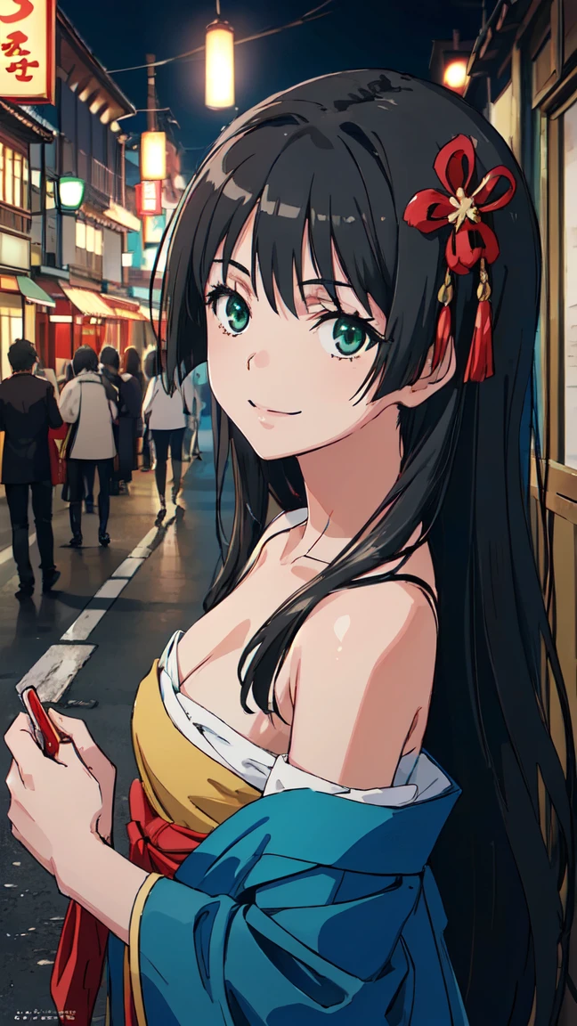  (High resolution:1.4), (masutepiece:1.2), (High quality:1.3) 1girl, saten ruiko, green eyes, long hair, black hair, small breast, Oiran fashion, The city of Kyoto, cinematic lighting,  pov, dynamic angle, off shoulder, smile,