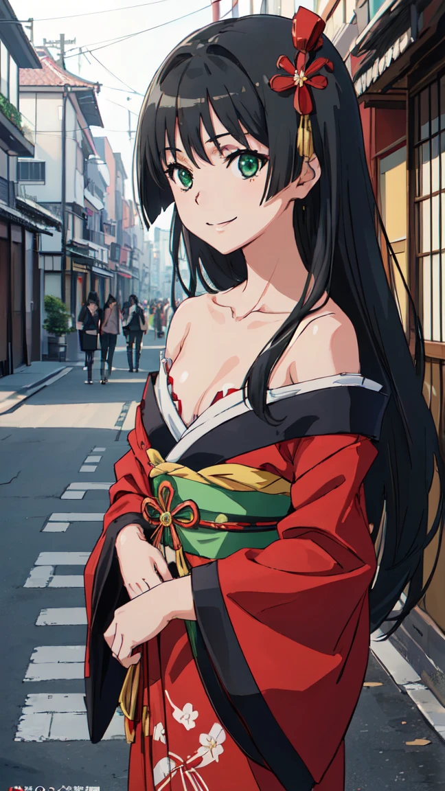 (High resolution:1.4), (masutepiece:1.2), (High quality:1.3) 1girl, saten ruiko, green eyes, long hair, black hair, small breast, Oiran fashion, The city of Kyoto, cinematic lighting, pov, dynamic angle, off shoulder, smile,
