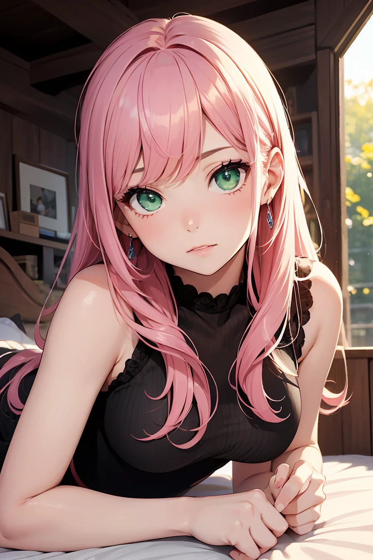 ((1 Girl)), Latest Fashion Trends, cute,April Fool, liar, mischief, Street fashion,White shirt, Please lie down on the bed, Relaxed pose,Cowboy Shot,((Very detailed,Highest quality, High resolution, 8k wallpaper, Beautiful clothes,)),((Pink Hair, Long Hair,Straight hair)) (Green Eyes),eye shadow, eyeliner,Glowing Eyes, Very detailedな目, Complex eyes, Beautiful Eyes, 18-year-old girl.