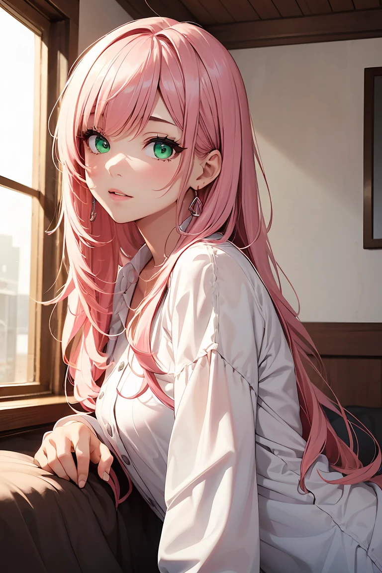 ((1 Girl)), Latest Fashion Trends, cute,April Fool, liar, mischief, Street fashion,White shirt, Please lie down on the bed, Relaxed pose,Cowboy Shot,((Very detailed,Highest quality, High resolution, 8k wallpaper, Beautiful clothes,)),((Pink Hair, Long Hair,Straight hair)) (Green Eyes),eye shadow, eyeliner,Glowing Eyes, Very detailedな目, Complex eyes, Beautiful Eyes, 18-year-old girl.
