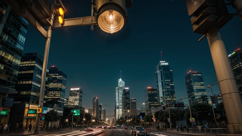 Tall buildings, traffic lights at night