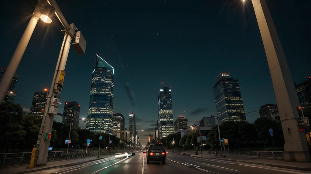 Tall buildings, traffic lights at night