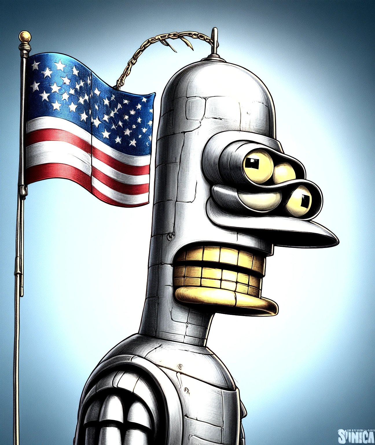 Bender holding America Flag in Earring 