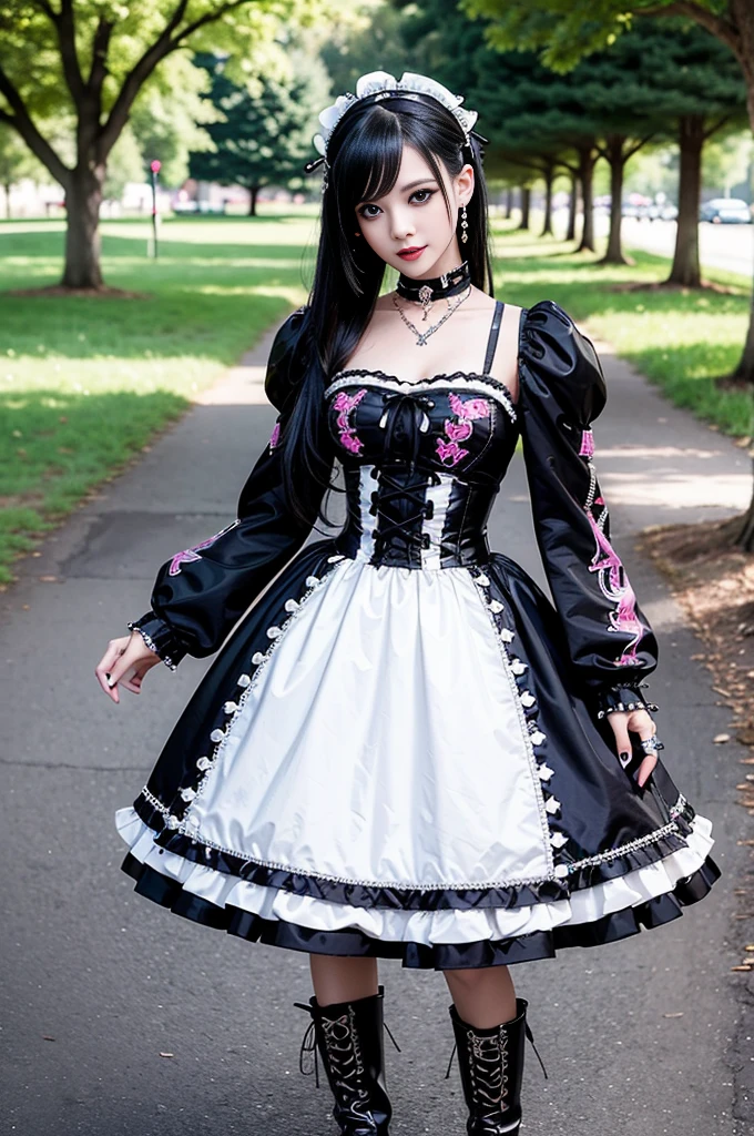 sexy stylish female model, only 1 female, ((doll-like appearance)), long dramatic stylish hair, ((shiny Punk-Style boots)), (smiling face), ultra detailed eyes, Punk makeup, lip-gloss, ((sexy Punk Lolita cosplay)), unconventional skirt, petticoats, high neckline, ((ultra detailed lace)), ((ultra detailed embroidery)), intricate details, tartan patterns, safety pins, Punk Lolita accessoires, Punk Lolita choker, ((large sparkling Punk Lolita jewelry)), cinematic light, detailed large park background with trees